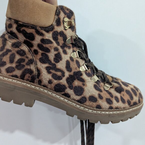 Aldo Leopard Print Fuzzy Boots Tan Brown Size 7.5 - Picture 1 of 6
